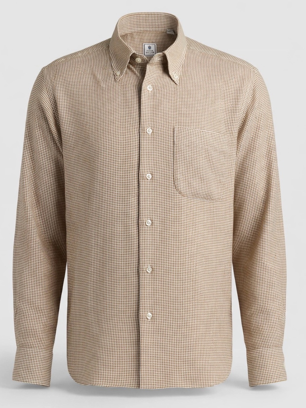 Peter Millar Mens Medium Tan Brown Houndstooth Button Down Up Dress Shirt M Golf